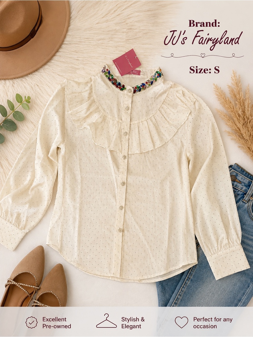 JustFab Cream Ruffle Collar Button-Down Blouse